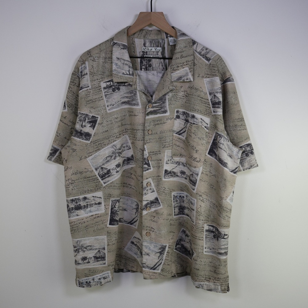Vintage Batik Bay Postcard Print Silk Button Down Shirt XXL Tropical Beige